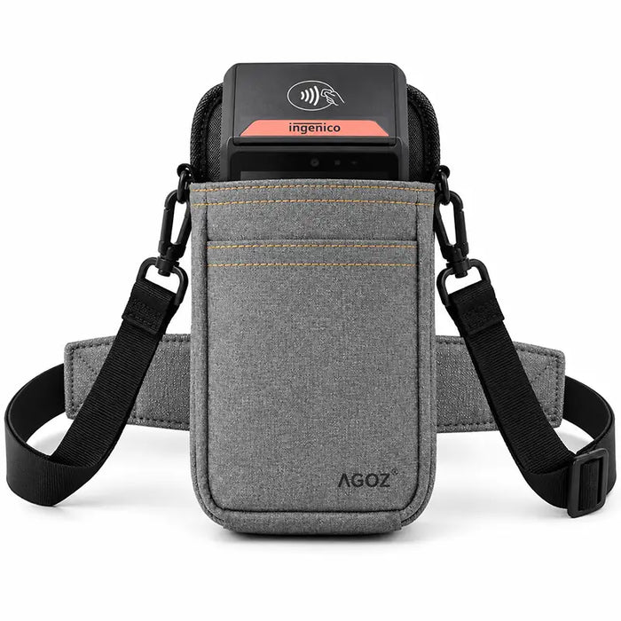 Ingenico POS payment terminal secured in a gray Agoz crossbody holster with adjustable shoulder strap.