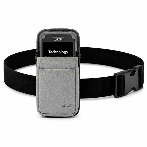 Janam waist belt case in gray shown with a Janam mobile computer secured inside the front pouch and an adjustable belt strap for stockroom movement.
