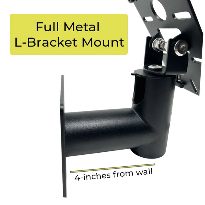 Close-up of the AgozTech wall mount POS stand showing the full metal L-bracket mount and 4-inch wall extension