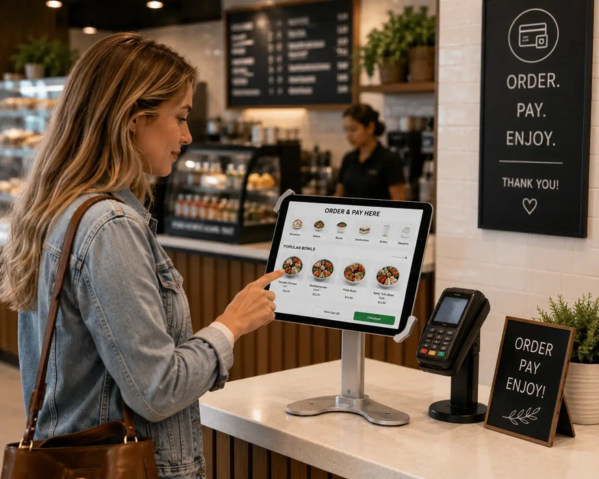 A woman using a Microsfot POS tablet in self checkout