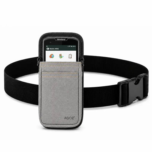 Gray Newland mobile terminal waist belt holster shown with a Newland device secured in the front pouch and an adjustable waist belt for stockroom use.
