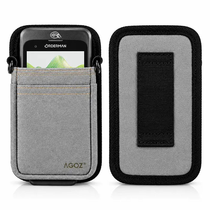 Front and rear views of gray Agoz Orderman POS holster showing the front storage pocket, reinforced edges, and rear belt attachment loop.
