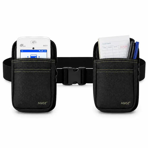 Front view of black Agoz PAX POS double pouch holster with adjustable waist belt, secure buckle, yellow stitching, and separate pockets for payment terminal and accessories.