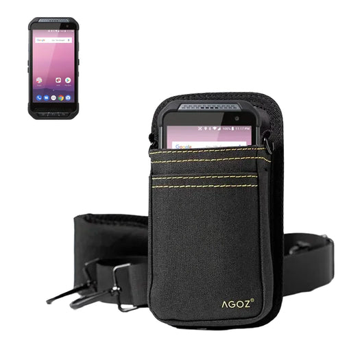 Point Mobile handheld scanner in black AgozTech crossbody holster with shoulder sling