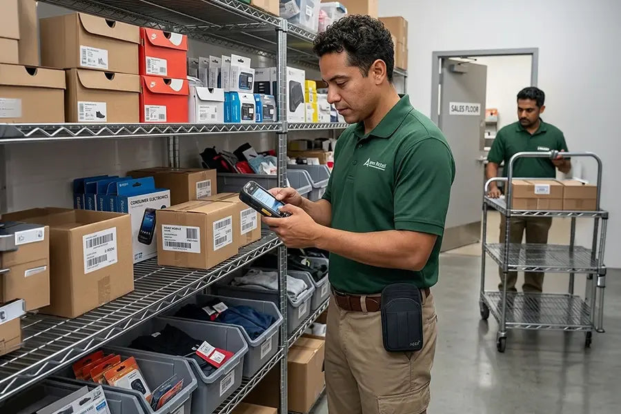 Worker using Point Mobile barcode scanner with AgozTech holster in stockroom setting