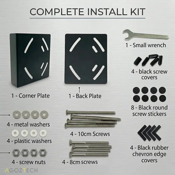 Complete install kit for AgozTech forklift printer mount with plates, screws, washers, wrench, covers, and hardware.