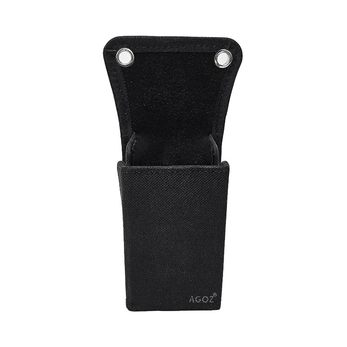 Angled front view of an empty black AgozTech scanner holster case with open pouch and reinforced top panel.