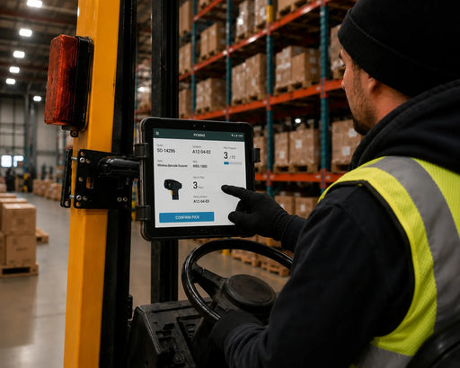 Person operating a forklift with a Rhino tablet in a warehouse setting