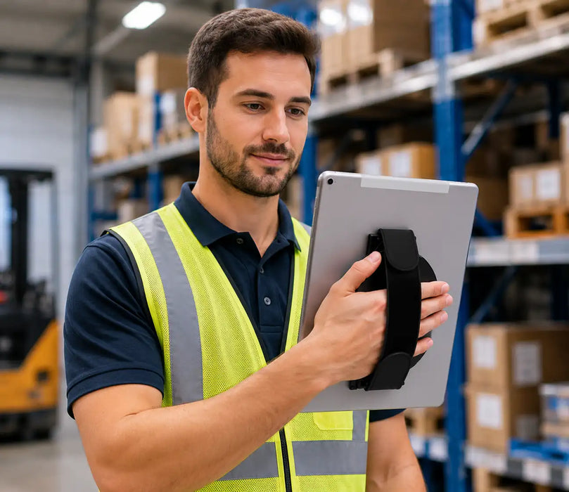 Man in a warehouse wearing a yellow safety vest holding a Rhino tablet.