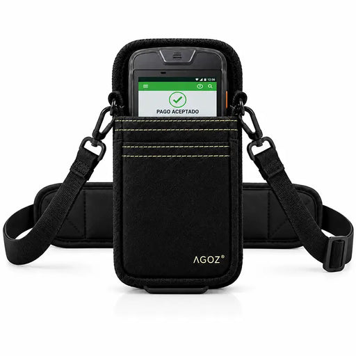 Front view of an Agoz black Urovo POS holster with payment terminal, detachable crossbody sling, and padded waist belt positioned behind the case.