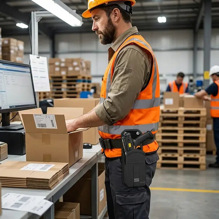 CipherLab mobile computer with pistol-grip waist belt holster worn by a warehouse worker packing cartons at a shipping workstation.