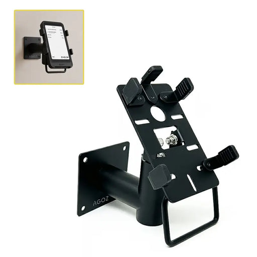 Shopify POS terminal held in AgozTech wall mount swivel stand with adjustable clamps