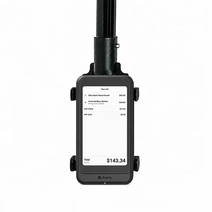 Shopify POS Terminal held securely in AgozTech drive-thru handheld mount