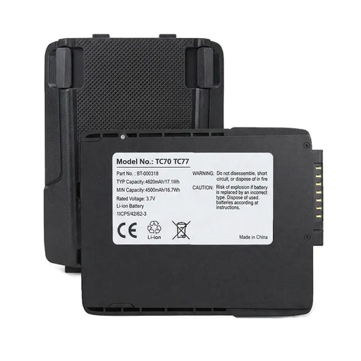Replacement battery for Zebra TC77 mobile computer, front and back view