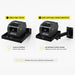 AgozTech black printer shelf shown as a shelf-only setup and adjustable wall mount arm setup with TSC desktop label printers.