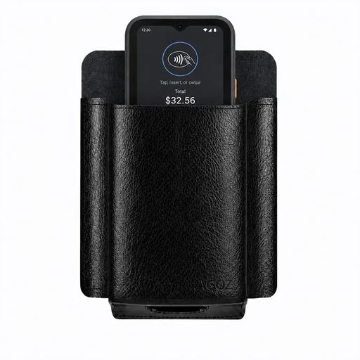 Toast Go 3 POS terminal inserted in AgozTech black leather case with open-top access and reinforced belt carry design.