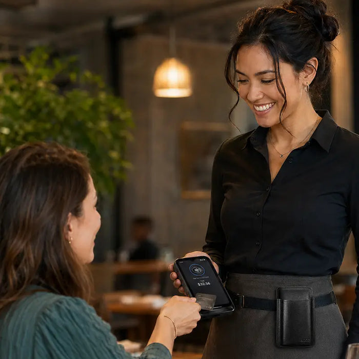 Restaurant server presenting a Toast Go 3 terminal for payment while wearing an AgozTech leather case at the waist.