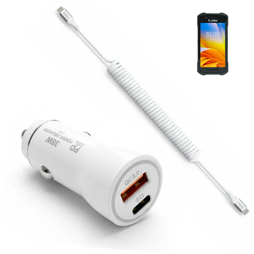 38W Fast Car Charger and USB-C Coiled Cable for Zebra TC27 Handheld
