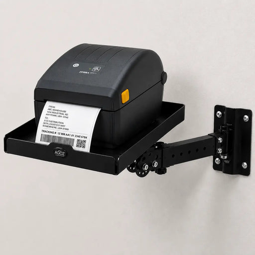 AgozTech Zebra printer wall mount shelf with black stainless steel tray and industrial swing arm