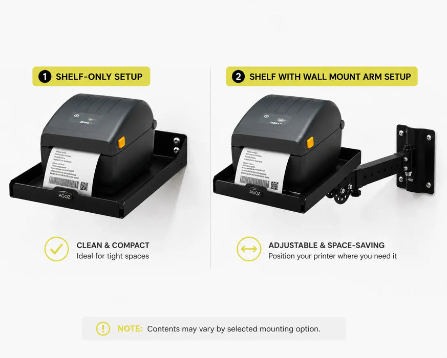 Comparison of the Agoz desktop printer shelf installed directly to a wall or with an adjustable swing arm.
