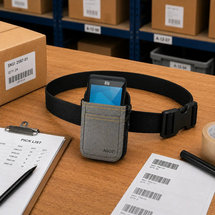 a gray waist belt case for Elo scanner on a warehouse table