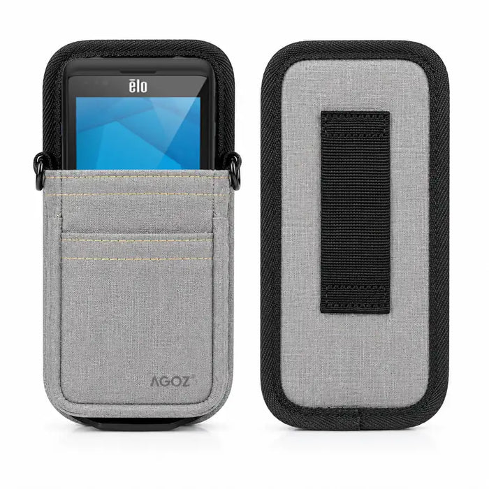 a Gray crossbody sling case holding an ELO handheld scanner on a white background