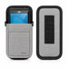 a Gray crossbody sling case holding an ELO handheld scanner on a white background