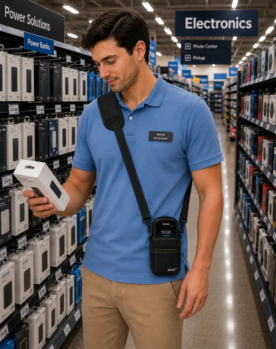 Man in a blue shirt with a Zebra Scanner case in a store aisle with electronics signage.