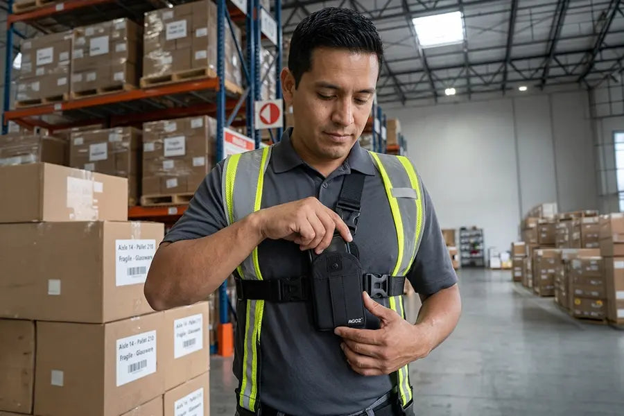 Warehouse worker using a Chest Harness Holster for Urovo Mobile Scanners in a storage facility with boxes and shelving in the background