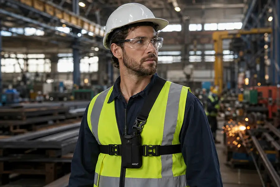 factory worker wearing chest harness pouch for Baofeng two-way radio