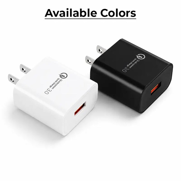 Black and white wall charger color options with USB port and wall prongs