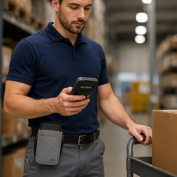 Warehouse worker using an Almex mobile computer with gray small waist belt case attached for secure device carrying during inventory tasks.