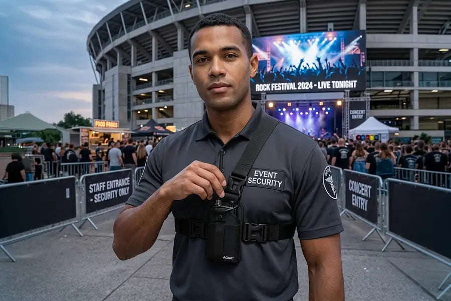 Security worker wearing chest harness pouch for Kenwood two-way radio outside a concert venue