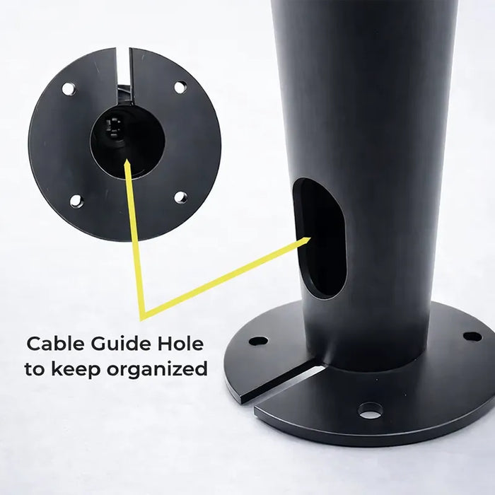 Close-up of AgozTech POS countertop stand base showing cable guide hole for organized wire routing