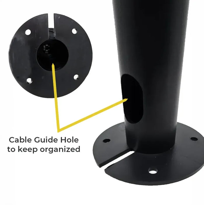 Close-up of AgozTech swivel stand cable guide hole designed to help keep checkout counter cables organized