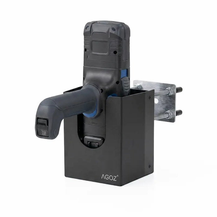 AGOZ metal forklift scanner mount holding Honeywell CK65 handheld scanner with pistol grip, studio product image