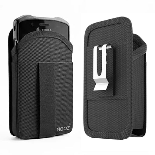 AgozTech rugged black belt clip holster case for Zebra TC78 handheld mobile computer, front and rear view