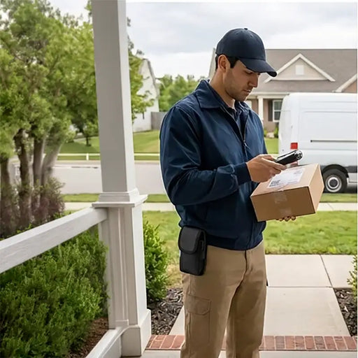 Delivery worker using a Datalogic handheld device while wearing the rugged belt clip case during route and package handling work.