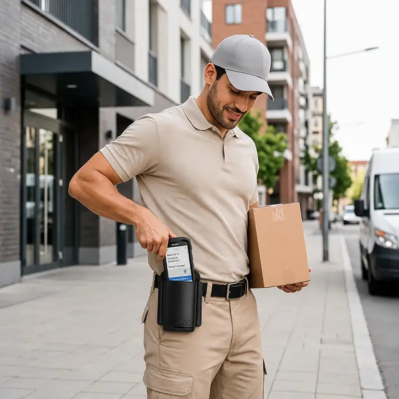 Delivery worker using a leather Panasonic Toughbook scanner case on a belt while carrying a package during field delivery work.