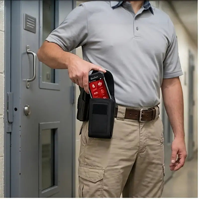 Facility worker removing a Guardian RFID Spartan 3 device from a belt-mounted AgozTech case during checkpoint rounds.