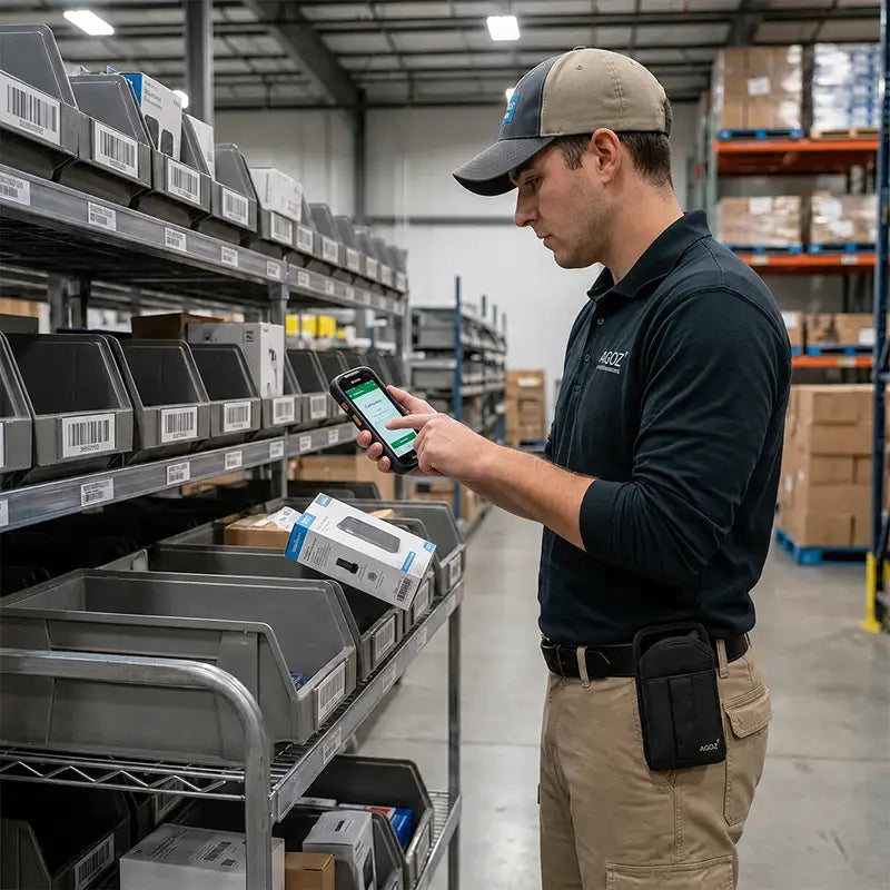 Janam mobile computer case with card slot worn on a technician’s belt during route service inventory checks.