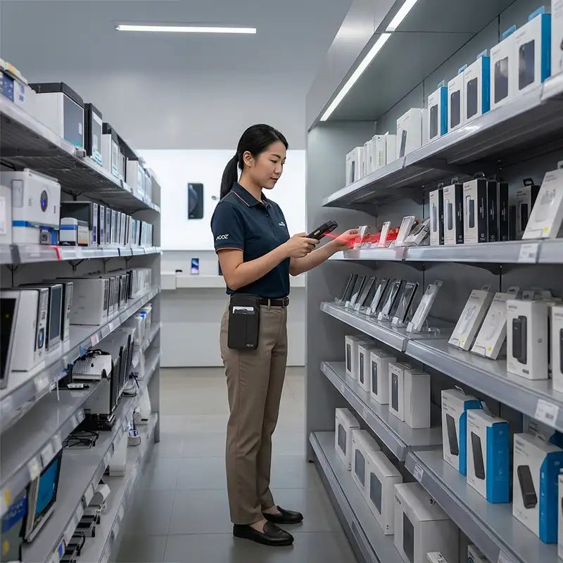 Elo mobile computer holster worn on a belt while a retail associate scans shelf inventory with an Elo handheld device.
