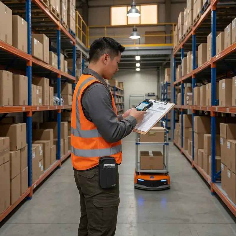 Warehouse worker wearing an AgozTech scanner case with front credential slot while reviewing a clipboard and using a handheld mobile computer in an inventory aisle.