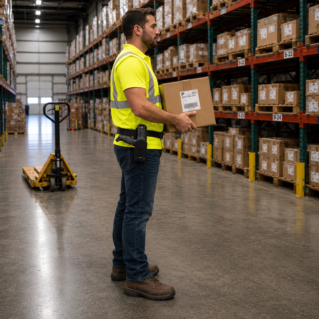 CipherLab mobile computer with pistol-grip waist belt holster keeps a handheld scanner accessible while a warehouse worker carries inventory boxes.