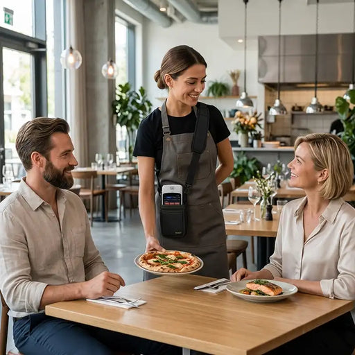 Restaurant server carrying a SpotOn payment terminal in an Agoz crossbody case while delivering a meal to seated guests.