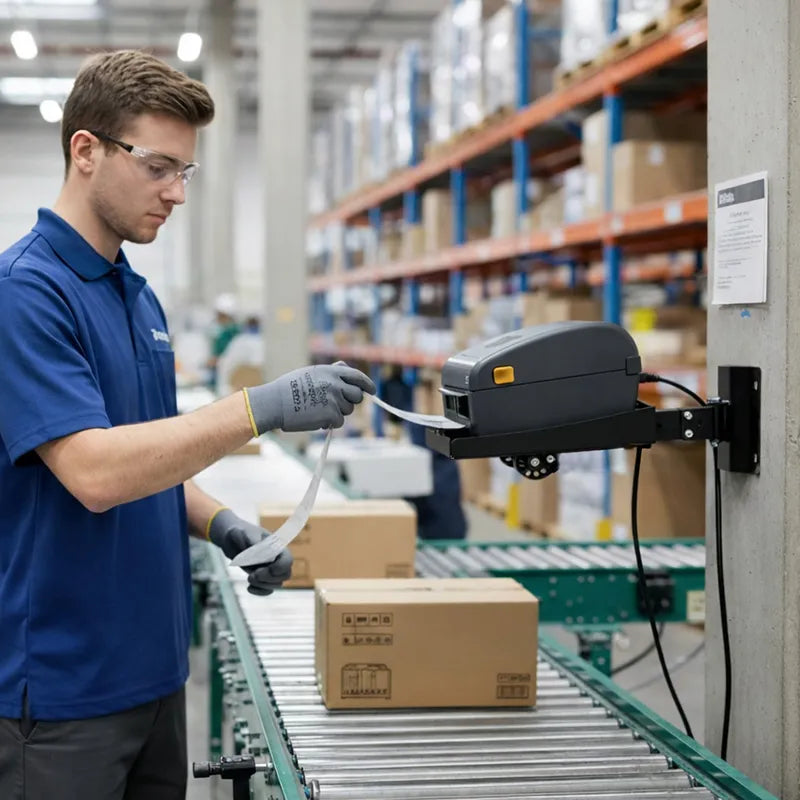 Warehouse worker at a shipping station using AgozTech Zebra printer wall mount shelf with swing arm