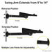 Agoz printer pole mount swing arm extension diagram showing retracted 9-inch position and extended 14-inch position.