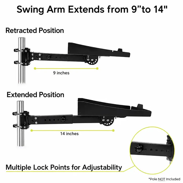 Agoz SATO printer pole-mount arm shown in 9-inch retracted and 14-inch extended positions with multiple lock points.