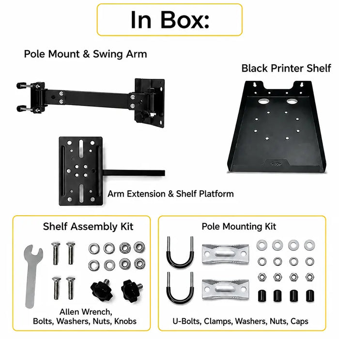 Agoz Honeywell printer pole mount package contents with swing arm, shelf platform, U-bolts, clamps, and assembly hardware.