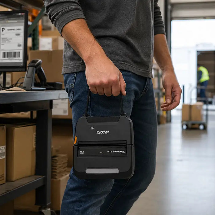 Warehouse worker carrying a Brother mobile printer by the AgozTech printer hand strap during daily operations.